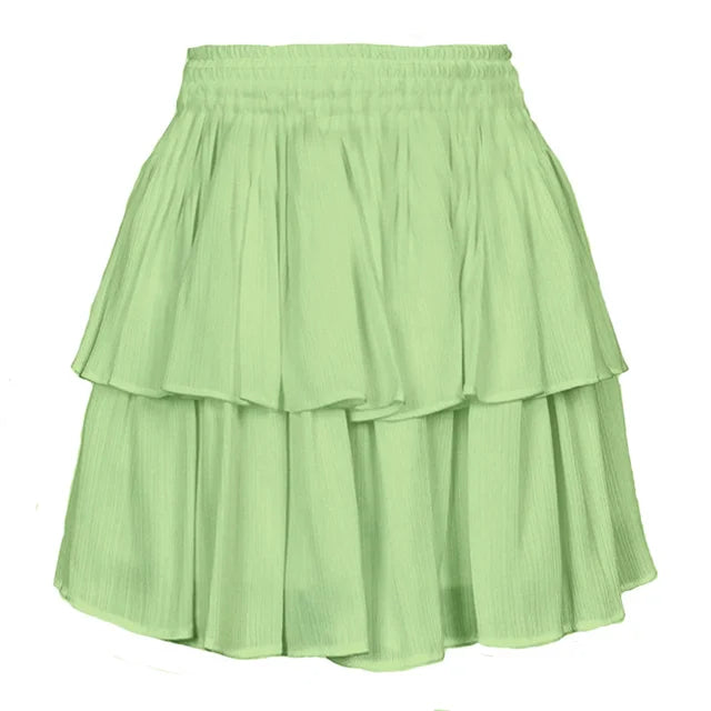 2022 New Summer Double Layer Pleated Skirt Solid Color Ruffle Boho Casual Loose Cotton Linen Skirts Female Beach Short Jupes